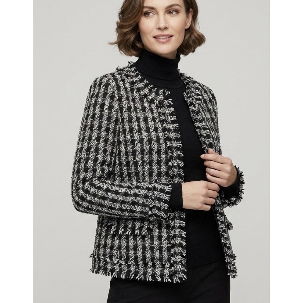 Ann Taylor Sz 18 Tweed Fringe Lady Jacket Blazer Black White Houndstooth Career